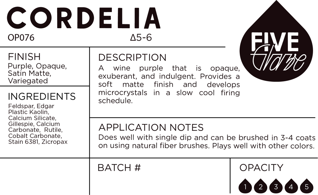Product label for 'Cordelia' with details on finish, description, ingredients, application notes, and opacity.