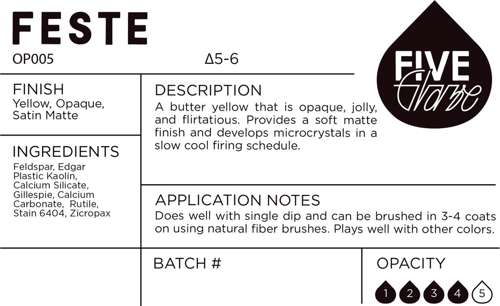 Feste paint label with product details and Five Glaze branding