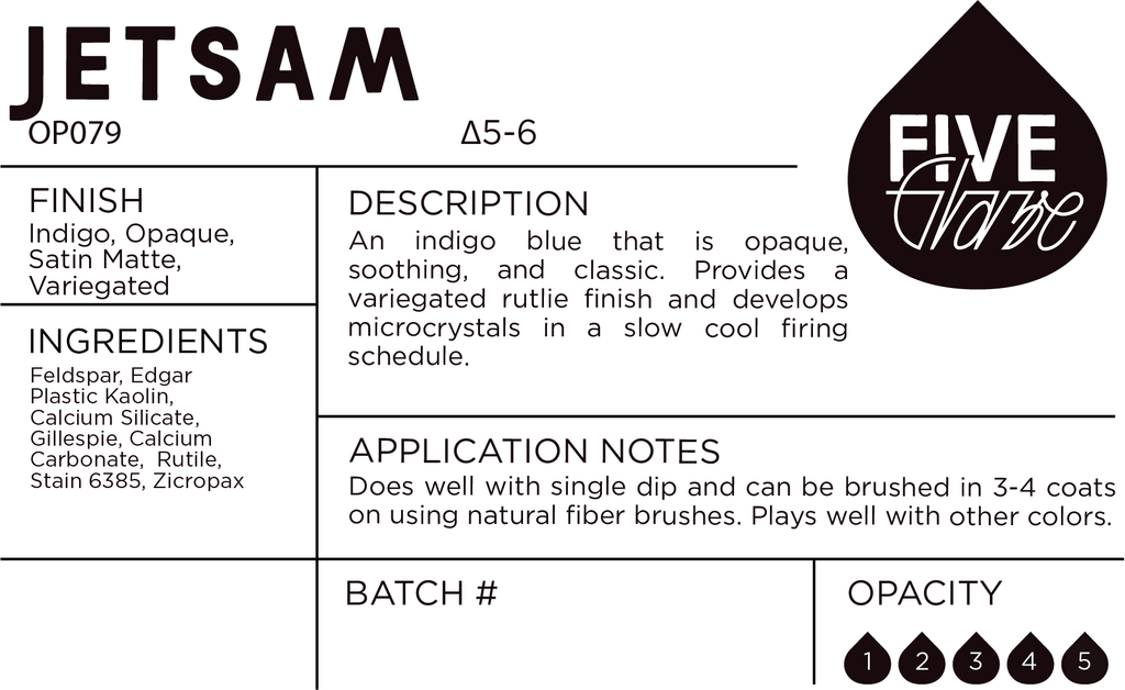 Product label for Jetsam with Five Grays branding