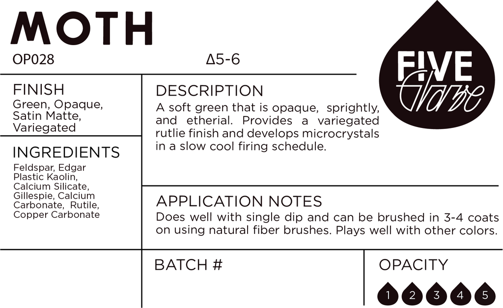 Product label for 'MOTH' with details on finish, ingredients, application notes, and Five Glaze branding.
