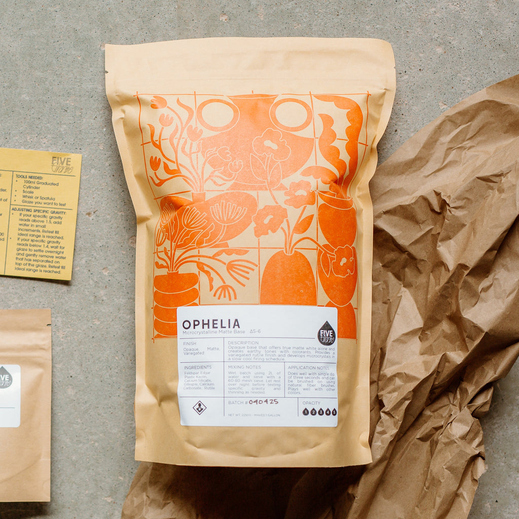 Kraft bag of dry glaze with Five Glaze branding 