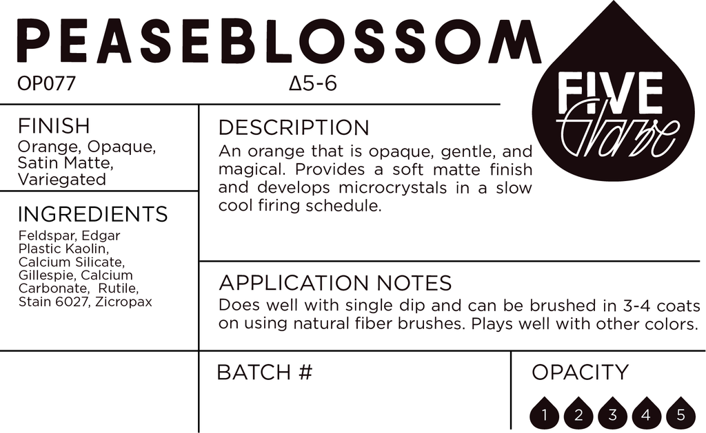 Product label for 'Peaseblossom' with details on finish, description, ingredients, application notes, and Five Glaze branding.
