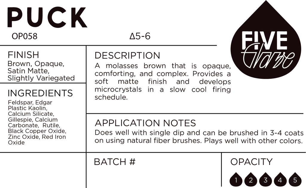 Five Glaze Puck product label with details on finish, description, ingredients, application notes, and opacity.