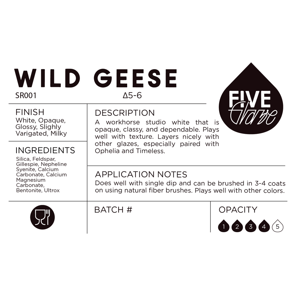 Five Glaze Wild Geese glaze label with product details on a white background