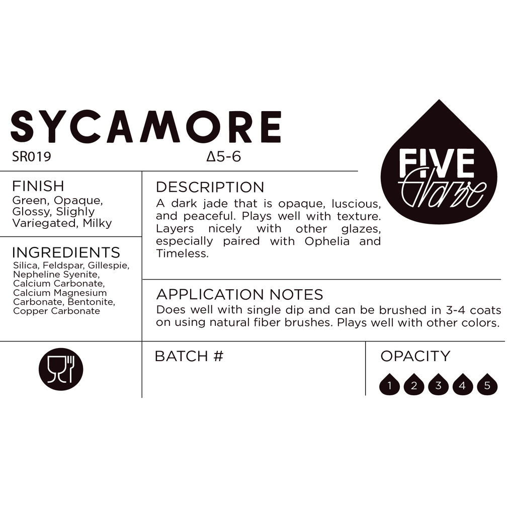 Sycamore Cone 5/6 Ceramic Dry Glaze label with description, ingredients, application notes, and opacity scale.