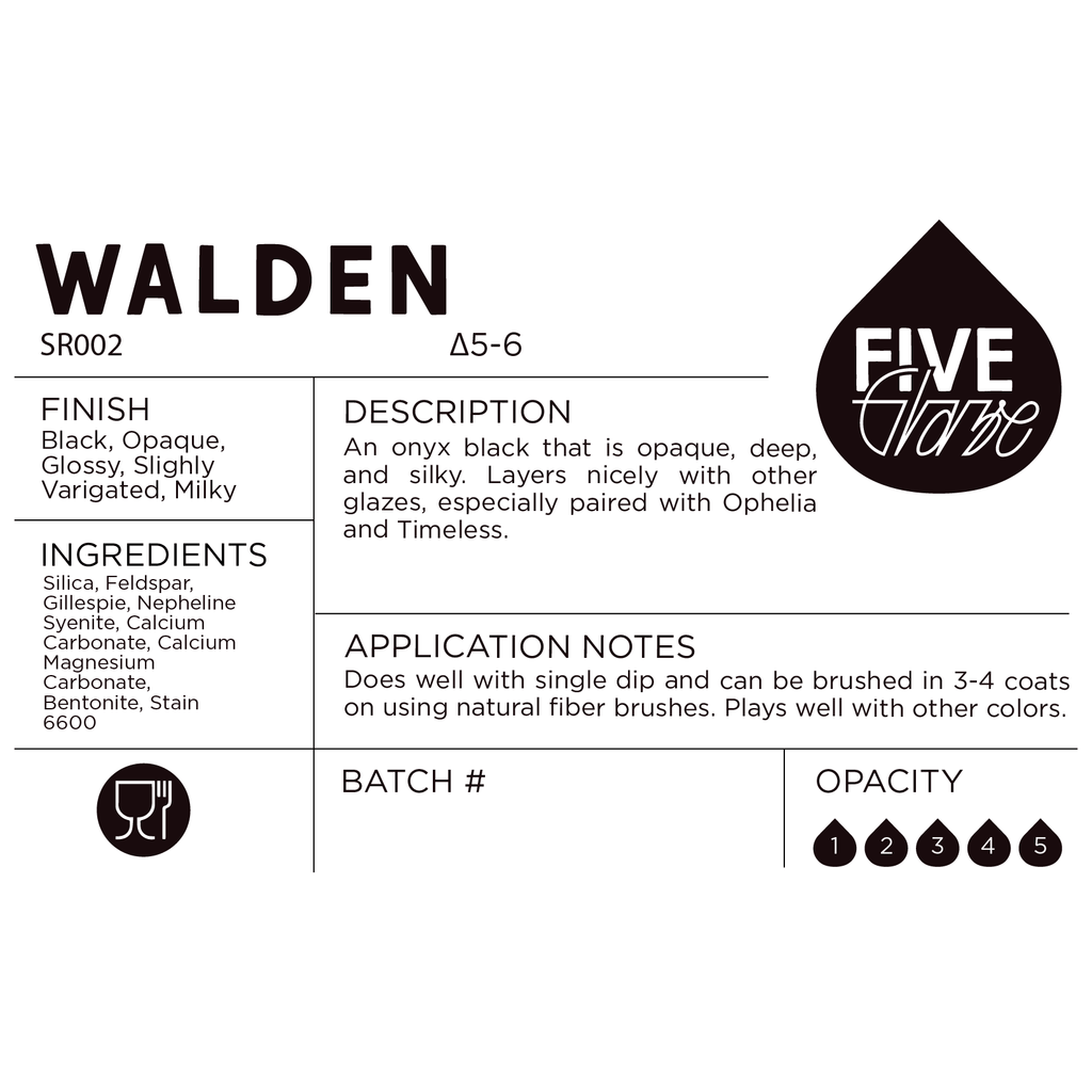 label for Walden cone 5 to cone 6 ceramic dry glaze with product details.