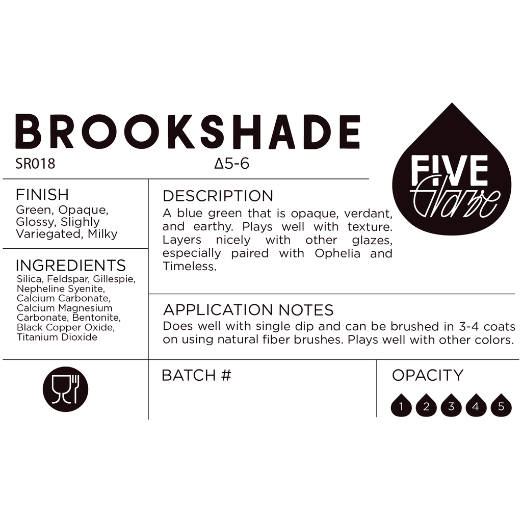 Brookshade Ceramic Dry Glaze Product Label with Five Glaze Branding 