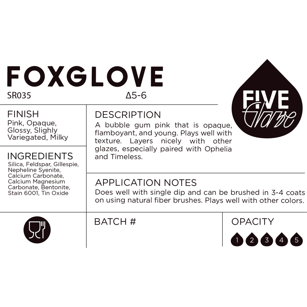 Five Glaze product label for 'Foxglove' with text and branding.