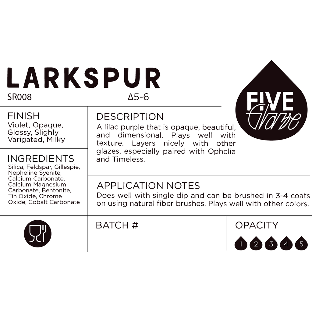 Five Glaze Larkspur label with product details on a white background
