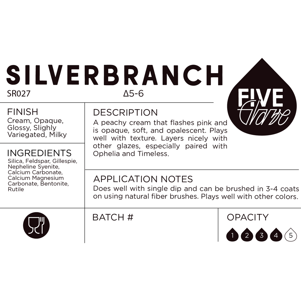 Product label for Silverbranch with Five Glaze logo