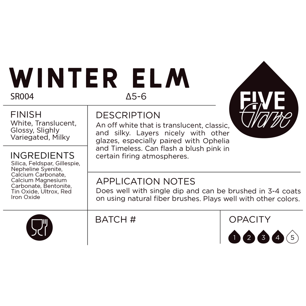 Product label for 'Winter Elm' with Five Glaze branding